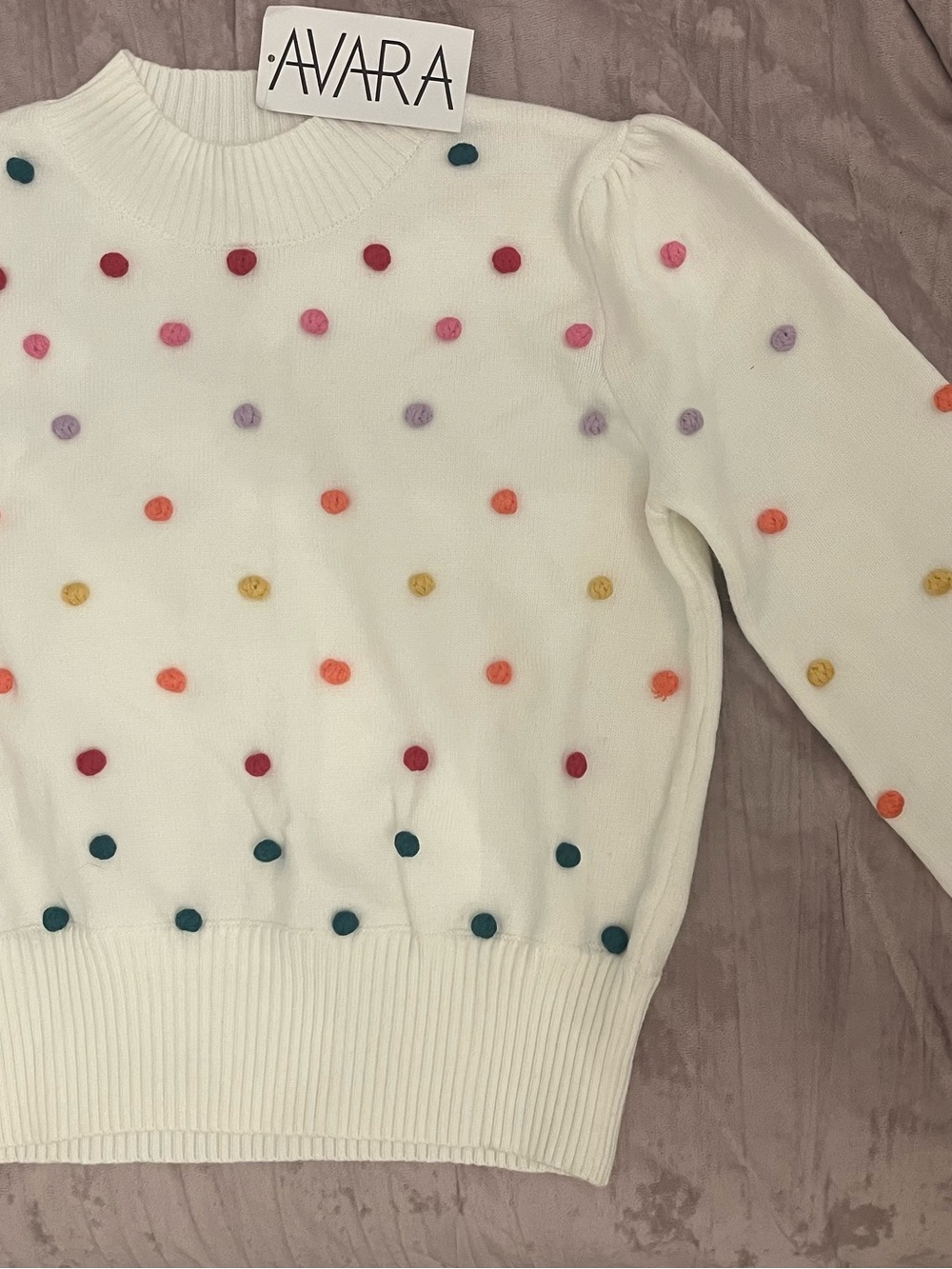 Avara White Pom-Pom Crewneck Sweater